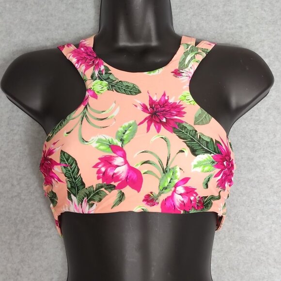 Tori Praver Sz S Seafoam Swimwear Pink Floral Halter Bikini Top High Neck Smock - Picture 3 of 10